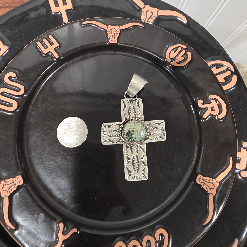 Handcrafted Nickel Silver Cross Pendant with Turquoise Accent - Black and Green